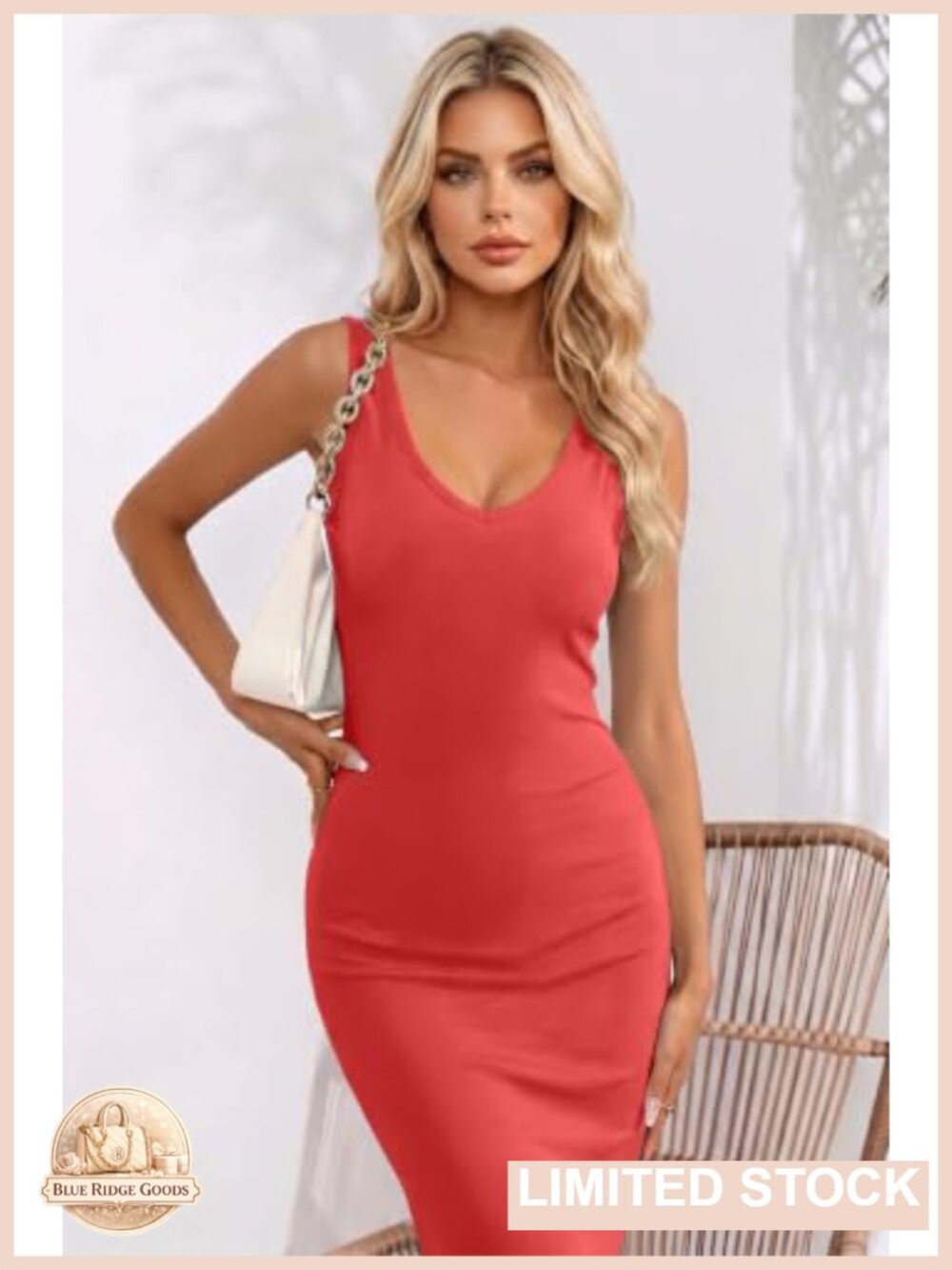 Ribbed Bodycon V-Neck Midi Dress, Sleeveless, Knit, Stretchy - Picture 4 of 6